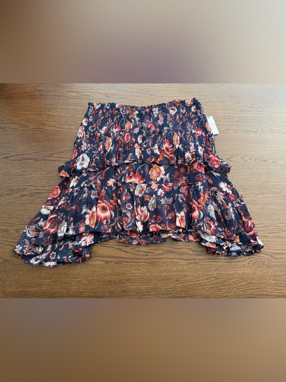 NWT Anthropologie Blue Floral Asymmetrical Smocked Ruffled Mini Skirt